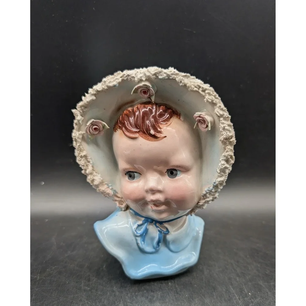 Vintage Ceramic Baby Girl Head Vase Blue Bonnet Pink Roses Spaghetti Trim Retro